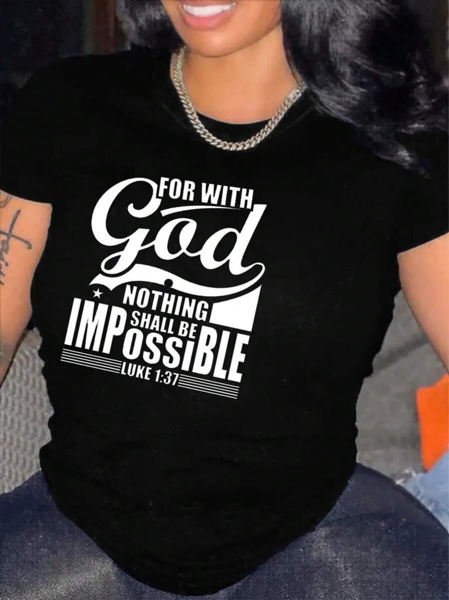Women's Christian T-Shirt - Black Religious T-Shirt "God Is Not Impossible" Bible Verse From Luke Soft Everyday Church Wear Crew Neck Casual Size Comfortable For Everyday Wear Opaque Material Earrings For Easter, Halloween, Thanksgiving And More - 黑色 - 查看 1