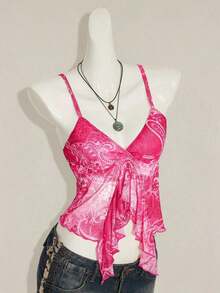 ICON Camisola Ajustada con Cuello en V y Volantes, Estampado Paisley Teal, Estilo Bohemio Retro Sexy Y2K para Mujer - Rosa 2 - Ver 8