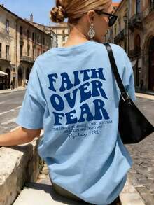 Short-Sleeved T-Shirt With A Round Neck And A "Belief Conquers Fear" Print, Casual And Resort Style, An Everyday Essential. Women's Graphic T-Shirt, White Summer Blouse For Women - 賽萊斯特 - 查看 6