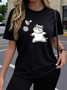 Y2K Women's T-Shirt, Casual Short Sleeve T-Shirt For Women, Badminton Print, Elastic Round Neck, Comfortable For Outdoor Wear In Spring And Summer, Cute Loose T-Shirt, Simple And Stylish With Round Neck, Soft Fabric For Daily Fashion, Modern Printed T-Shirt, Breathable And Comfortable, Modern Short Sleeve Sports T-Shirt, Casual Sportswear For Fitness Workouts. - 黑色 - 查看 1
