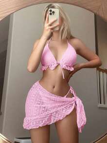 Conjunto de bikini de 3 piezas con tapa de falda, estilo de vacaciones en la playa, para mujer, con bikini halter sin espalda y encaje sexy - Rosa 2 - Ver 4