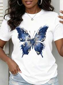 Camiseta con Estampado de Mariposas, Diseño de Mariposas Blancas y Azules con Perlas, Ropa Casual de Verano - Alta Calidad - Blanco - Ver 7