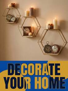 Aesthetic Wall Mounted Storage Rack With Geometric Hexagon Design Nordic Gold Metal Display Stand For Students And Professionals Wall Mounted Floating Home Decor For Bedroom Living Room Study Desk Accessories Room Decor Decorative Style Shelf Decoration Display Stand Home Decor Essentials - 1PC - View 6