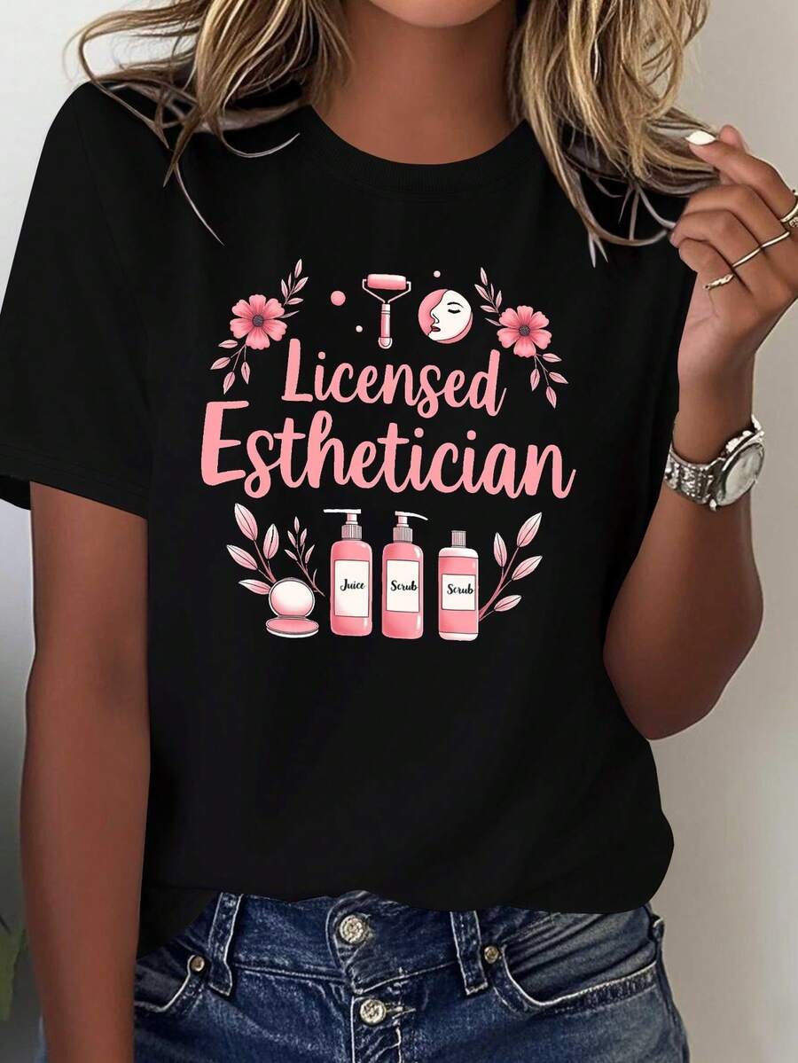 Soft One-Piece T-Shirt For Women, Comfortable Style, Designed For Professional Estheticians, Elegant For Parties, A Perfect Holiday Gift - 100% Cotton T-Shirt, Breathable For Casual Daily Wear. - 黑色 - 查看 1