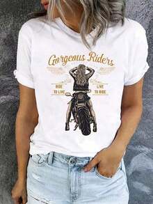Casual Clothing Graphic Comfortable And Stylish Women's Shirt With A Bicycle Girl Print, Short-Sleeved Casual Top With A Round Neck, Suitable For All Seasons, For Cycling Enthusiasts. T-Shirt Blouses For Women > Shirt - 白色 - 查看 1