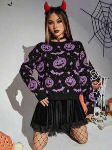 Suéter de mujer con estampado de calabaza y murciélago de Halloween, jersey de punto de otoño e invierno - Multicolor 2 - Ver 8