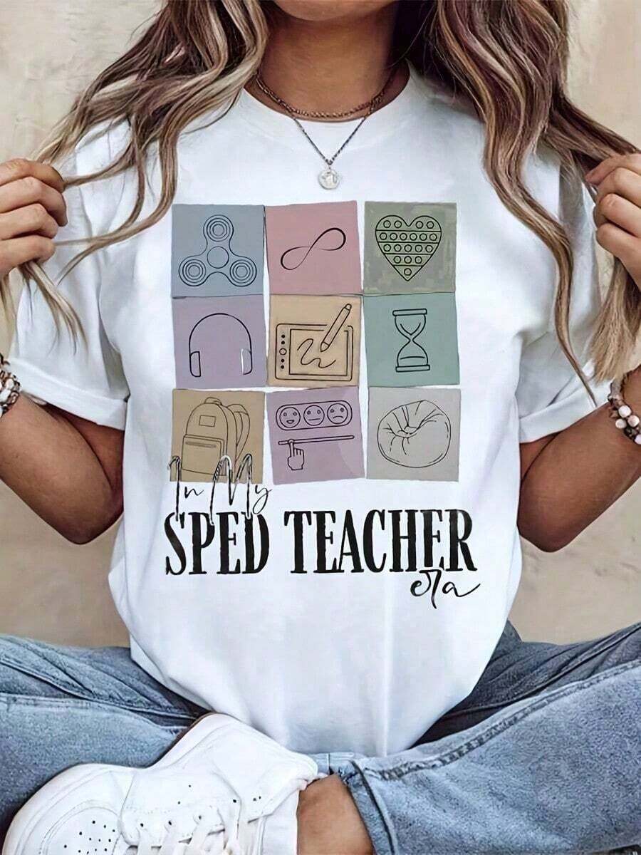 1 Piece Women's Crew Neck T-Shirt, Special Education Teacher's Assistant Graphic Print, Special Education Teacher, CTA, Short Sleeve, Casual Wear For School And Everyday Use, 180g 100% Cotton - 白色 - 查看 1