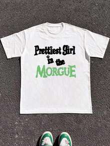 1 Piece Of Women's Summer T-Shirt, "The Prettiest Girl In The Morgue", White T-Shirt With Fun Graphic, Casual, Soft, Pure Cotton, Printed, 180g, 100% Cotton. - 黑色 - 查看 6