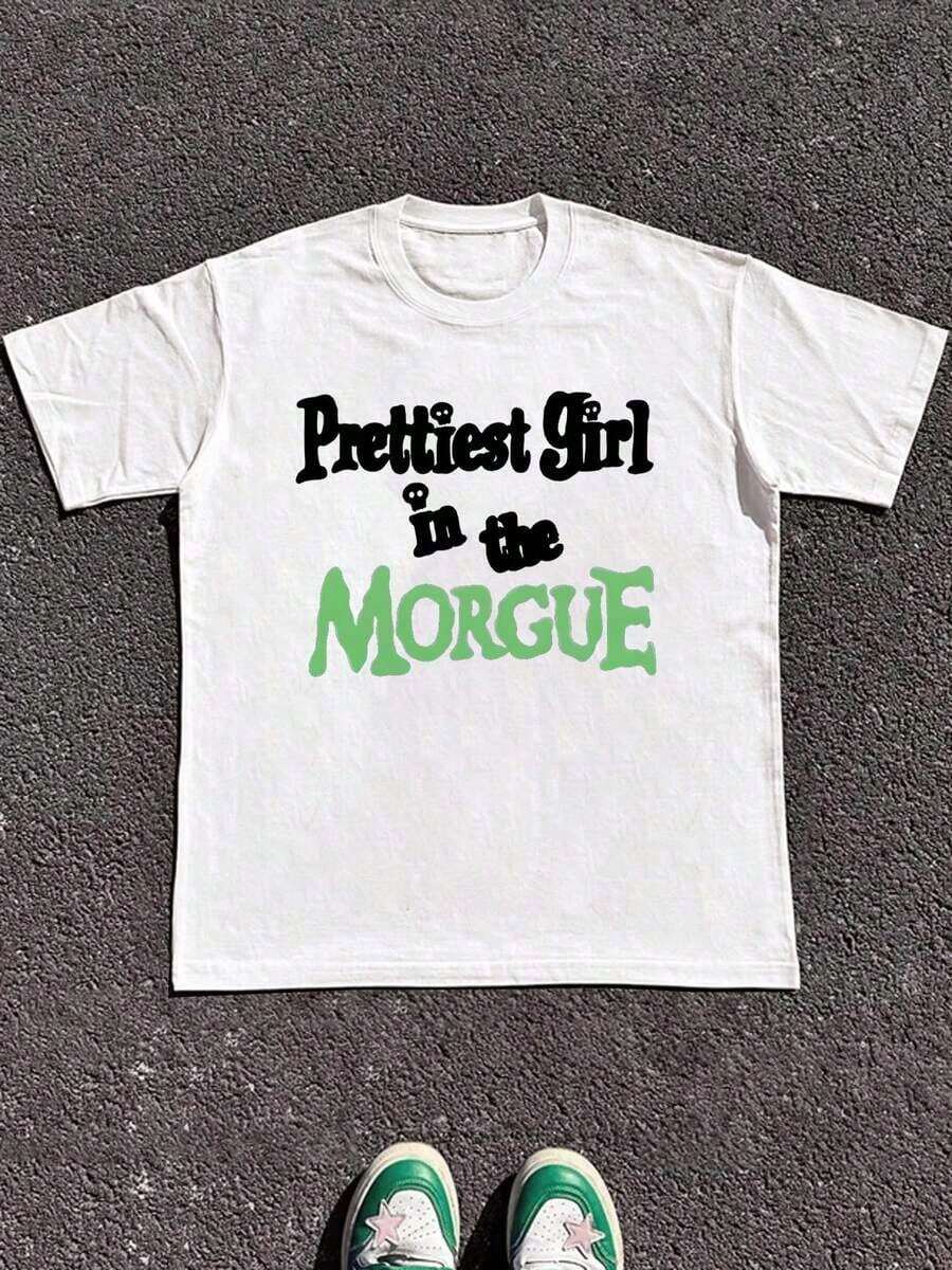 1 Piece Of Women's Summer T-Shirt, "The Prettiest Girl In The Morgue", White T-Shirt With Fun Graphic, Casual, Soft, Pure Cotton, Printed, 180g, 100% Cotton. - 白色 - 查看 1