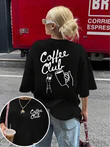Women's Pure Cotton Short Sleeve T-Shirt With Vintage Cafe Club Print - High Elasticity Crew Neck Casual Top, Comfortable Top, Coffee Theme Design, Machine Washable, Suitable For Daily Wear And Layering, Summer Clothes For Women, Summer Top, Blouses And Shirts For Women. NOHU - 黑色 - 查看 12