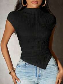 Camiseta de punto con bajo asimétrico de unicolor para mujer, primavera - Negro - Ver 7