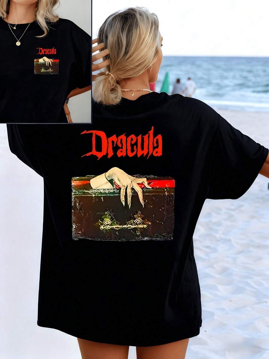 A Pale Hand Emerging From An Ancient Chest Symbolizes Hidden Mystery And The Allure Of The Unknown, Conveying Strength And Elegance. Women's Double-Sided T-Shirt With A Modern, Casual Artistic Print - 黑色 - 查看 1