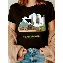 New Women's Casual Round Neck T-Shirt With Cameroonian Design, 100% Cotton, Floral Design, Pure Cotton Fabric, 200 Grams, Regular Length, Suitable For Spring, Summer And Autumn - Unisex Vintage Street Style T-Shirt, Loose Fit, Short Sleeve And Round Neck. - 黑色 - 查看 8