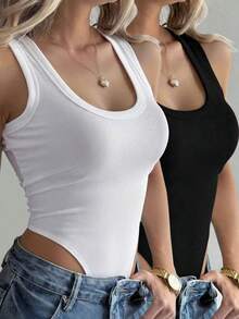 Mono de punto acanalado de unicolor minimalista para uso diario y casual de mujer, con cuello de pico ajustado y sin mangas - Multicolor - Ver 1