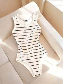 Mono de lunares acanalado sexy estilo Y2K, top ajustado sin mangas de cuello en U, mono acanalado de lunares estilo retro americano - Blanco 3 - Ver 5