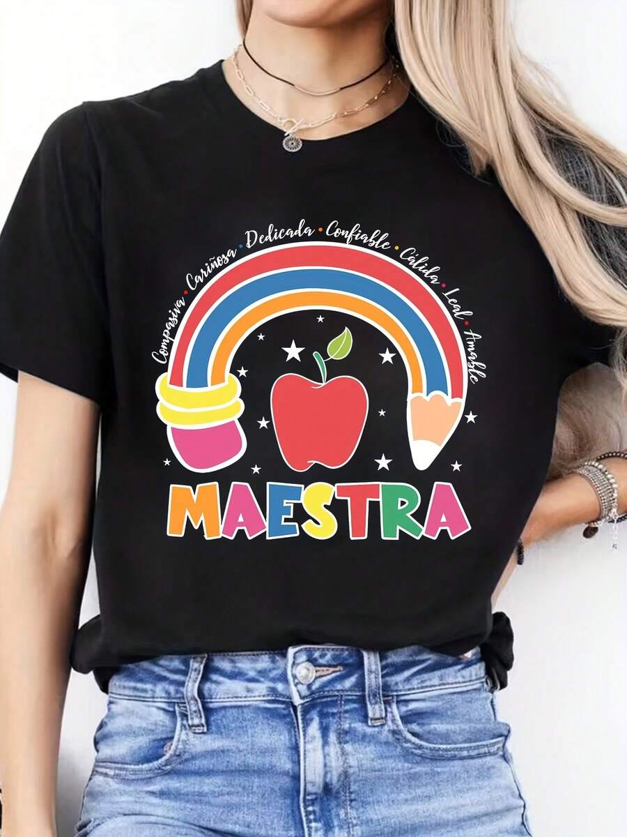 Women's Casual T-Shirt With Spanish Letter Print - Crew Neck, Short Sleeves, Stretchy Fabric, Vibrant Rainbow And Heart Design For Spring/Summer, Spring Fashion | Rainbow Graphic T-Shirt | Comfortable - 黑色 - 查看 1