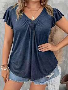 Camiseta de mujer de talla grande con cuello en V, manga corta, calada y bordada, para usar de vacaciones - Azul marino - Ver 1