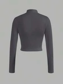 Camiseta de manga larga de ajuste ceñido con cuello en V y media cremallera elástica informal, esencial básico para otoño e invierno de mujeres - Gris - Ver 4