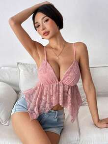 Camiseta de mujer con escote en V sexy y bajo asimétrico de encaje - Rosa Pálido - Ver 6