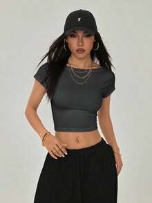 Camiseta negra con espalda abierta, adecuada para talla pequeña, para verano - Gris Oscuro - Ver 7
