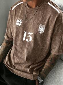 Kaos Lengan Pendek Pria Musim Panas, Cetakan Grafis Angka 13, Kain Rajut yang Bernapas, Cocok untuk Pemakaian Sehari-hari Kasual - Coklat - View 2