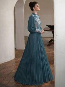 High-End Mandarin Collar, Fashion Patchwork Custom Floral Fabric Design, Elegant Long Sleeve Maxi Dress With Ruched Hem, Soft Fabric Suitable For Banquet, Evening Party, Gathering Wedding - Light Wash - View 3