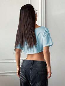Top corto asimétrico de mujer con cuello blanco y flecos, camiseta de manga corta de moda versátil Y2K oversize y sexy, para primavera/verano - Azul - Ver 2