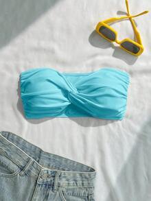 Top de bikini bandeau de un solo color con efecto retorcido - Celeste - Ver 7