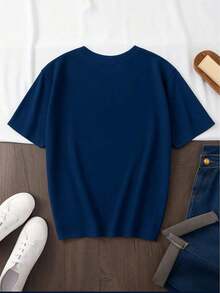 Women's T-Shirt With Heart Print And Round Neck - Navy Blue - View 3