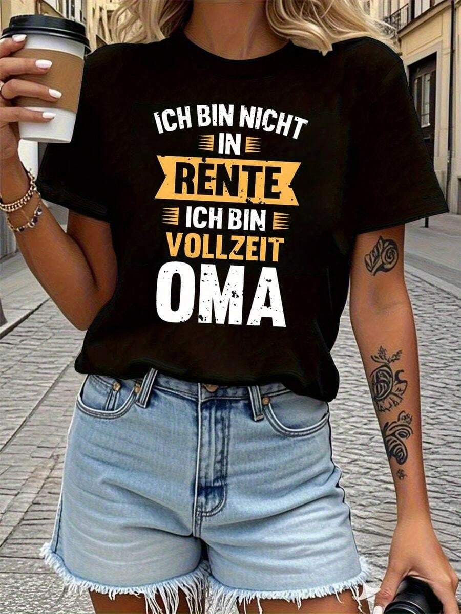 One Piece, Classic And Versatile, Pure Cotton Short-Sleeved T-Shirt Ideal For Any Season. For Women: I Haven't Retired, I'm A Full-Time Grandma. Letter Print, Modern Style - 黑色 - 查看 1