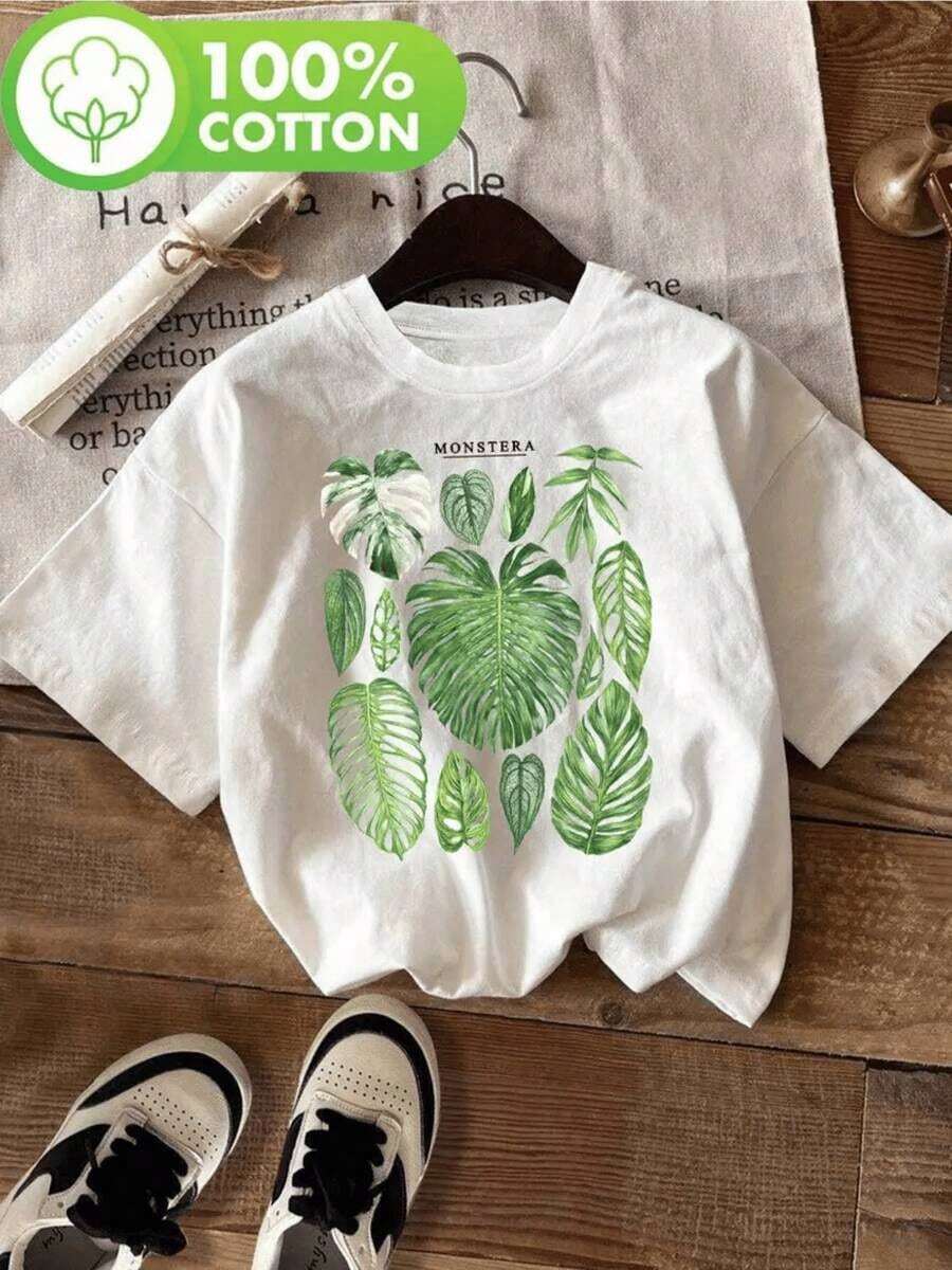 Monstera Leaf Graphic Print T-Shirt, 220g, 1 Piece, Plant Theme, Casual For Women, 100% Cotton, Minimalist Style, Summer Top - 白色 - 查看 1