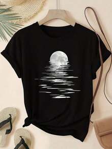 100% cotton Camiseta con Estampado de Luna, Cómoda, Moderna, Casual, de Manga Corta, Cuello Redondo, Ropa Casual para Mujer - Negro - Ver 1