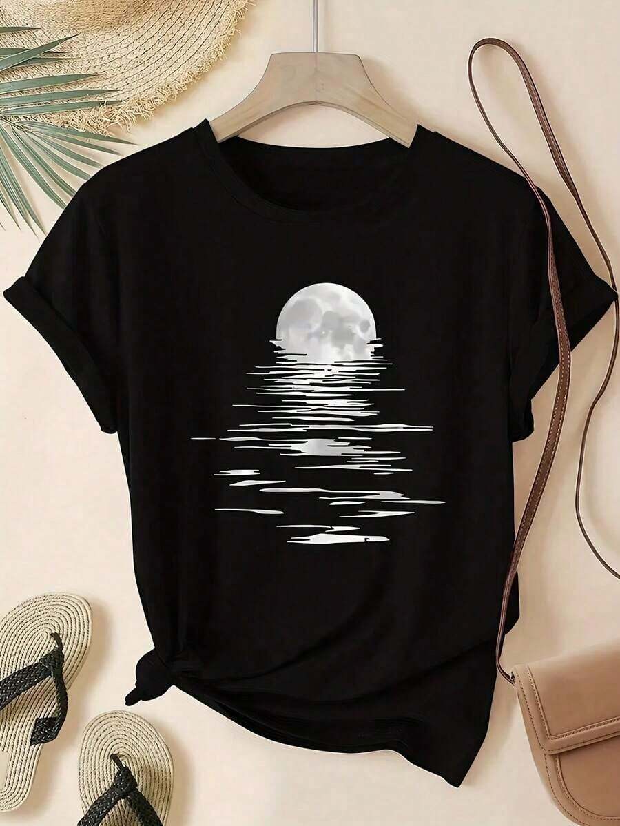 100% cotton Camiseta con Estampado de Luna, Cómoda, Moderna, Casual, de Manga Corta, Cuello Redondo, Ropa Casual para Mujer - Negro - Ver 1