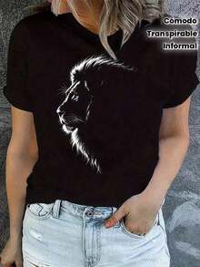 100% Cotton Women's Plus Size Casual T-Shirt With Lion Graphic - Black, Crew Neck, Short Sleeve, Slightly Stretchy Knit Fabric, Comfortable And Breathable Top For All Seasons - 黑色 - 查看 7