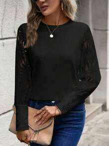 Blusa de mujer con mangas de encaje floral, parches y tejido de gofre, color blanco - Negro - Ver 4