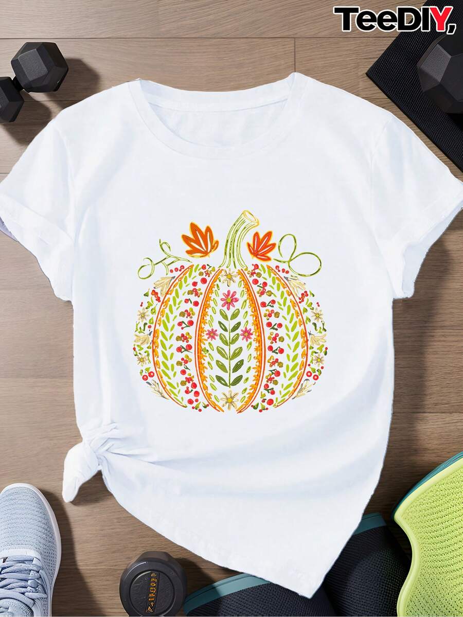 Women's T-Shirt Made Of Pure Cotton, Casual Loose Fit, Bohemian Style, With Thanksgiving Pumpkin Design, Plus Size, Sporty, Short Sleeve. - 白色 - 查看 1