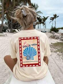 Camiseta de manga corta con cuello redondo y estampado de cocotero y sol de SOUL para mujer, nueva colección primavera/verano, versátil y a la moda, esencial para uso diario y vacaciones. - Estilo - Ver 5