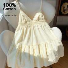 Women's Summer Vacation Casual Cotton And Linen White Hollow Embroidery Patchwork Spaghetti Straps Mini Dress,Summer Dresses For Women,White Dresses For Women - Albaricoque - Ver 1