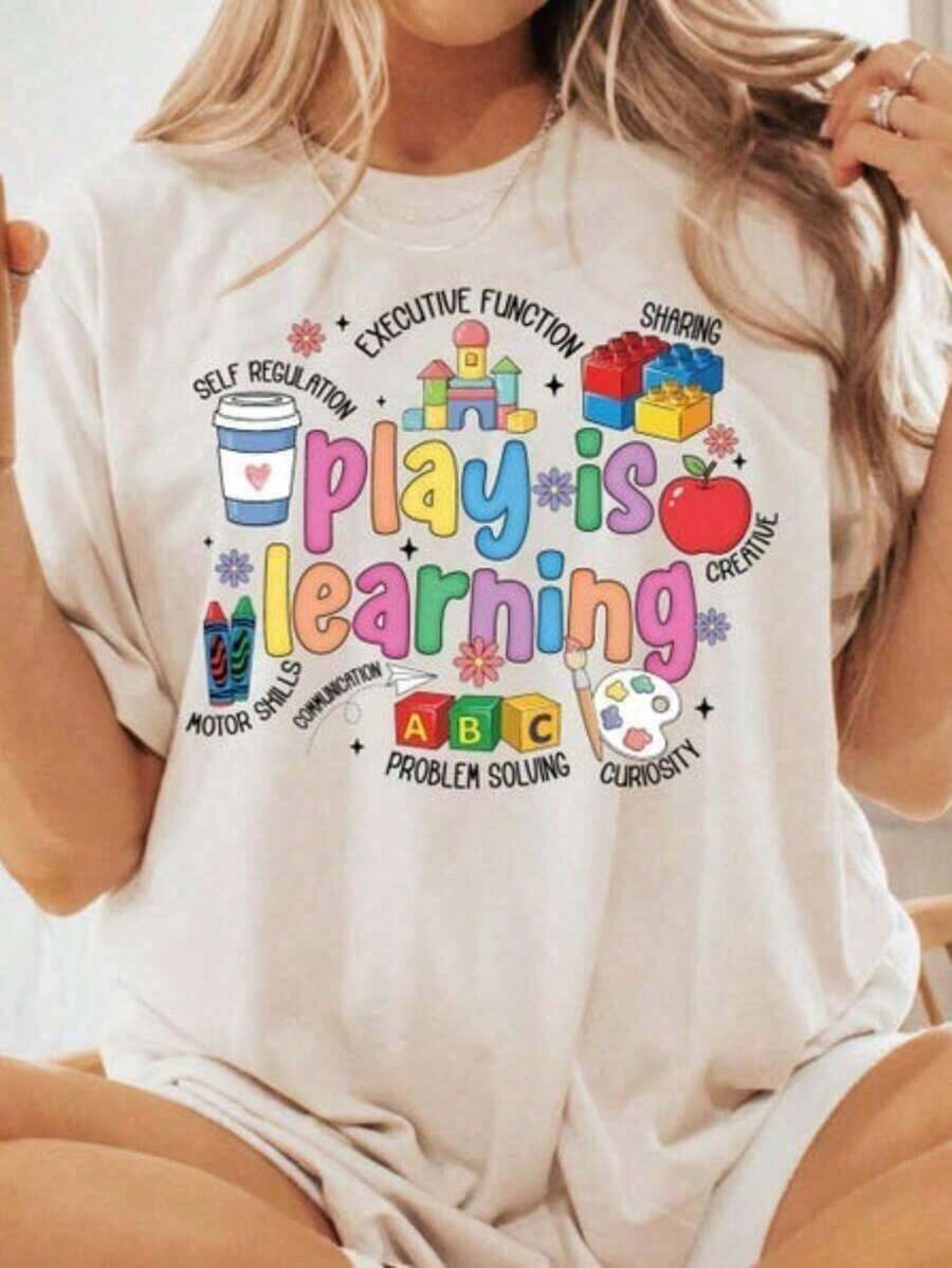 1 pieza de sudadera para profesores de "Play Is Learning", camiseta para profesores de educación especial, camiseta para maestros de jardín de infantes, regalo para profesores de educación especial, camiseta clásica de manga corta de algodón pesado 100% algodón con estampado gráfico, top casual de manga corta para mujer, 210g 100% algodón, todos los diseños están impresos.Unisexo. - blanco - Ver 1