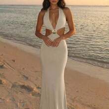 Women's Sexy Beach Vacation Deep V Metal Shell Buckle Decor Backless Fitted Long Dress, Blue - Beis - Ver 1