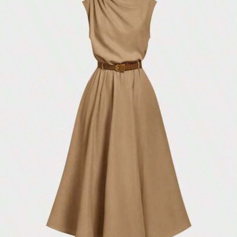 MOD Women's Solid Color Sleeveless Dress (With Belt), Back To School Season, Olive Dress - Caqui - Ver 1