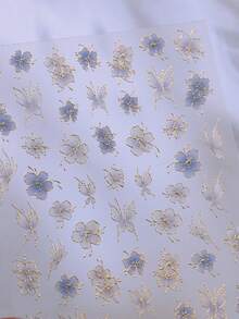 1 Sheet Embossed Gold Outline Flower Nail Stickers, Hot Stamping Blue Butterfly Nail Decals, Chic Elegant Nail Art Supplies - Multicolor - View 3