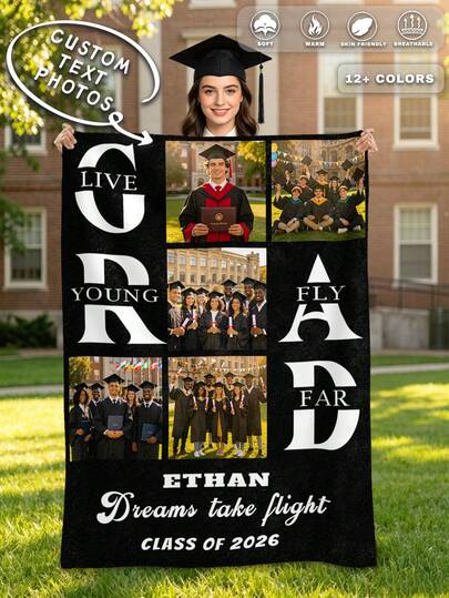 1pc Customizable Photo Graduation Blanket, Can Print Your Name Personalized Soft And Comfortable Blanket, Suitable As Family Gift, Birthday Gift, Christmas Gift, Personalized Gift, Graduation Gift For Son/Daughter Or Gift For Friends