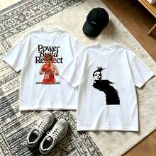 2-Piece Couple Matching Pattern T-Shirt, 100% Cotton, Loose Fit, Soft And Breathable, Casual Round Neck Short Sleeved Top Power Build Respect Skull And Crown Versatile Patterns No Picky Combinations Coordinated Dating Casual Travel Simple And Cartoonish Printing Styles High Cost-Effectiveness - 白色 - 查看 1