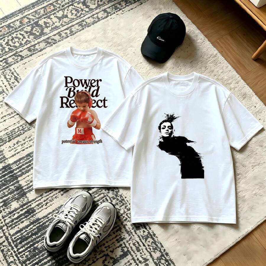 2-Piece Couple Matching Pattern T-Shirt, 100% Cotton, Loose Fit, Soft And Breathable, Casual Round Neck Short Sleeved Top Power Build Respect Skull And Crown Versatile Patterns No Picky Combinations Coordinated Dating Casual Travel Simple And Cartoonish Printing Styles High Cost-Effectiveness - 白色 - 查看 1