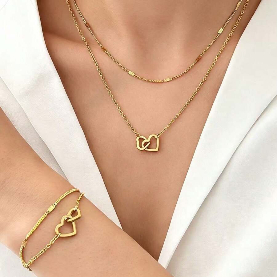 Bộ trang sức 2 món bằng thép không gỉ, gồm dây chuyền và vòng tay hình trái tim, thích hợp để đeo hàng ngày, làm quà tặng cho học sinh và bạn thân. - Kiểu trái tim đôi - Xem 1