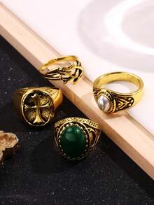 Set de 4 anillos de resina geométricos de cruz minimalistas, de alta gama, versátiles, de estilo punk y hip-hop, elegantes y únicos, adecuados para uso diario, festivales y fiestas - Multicolor - Ver 4
