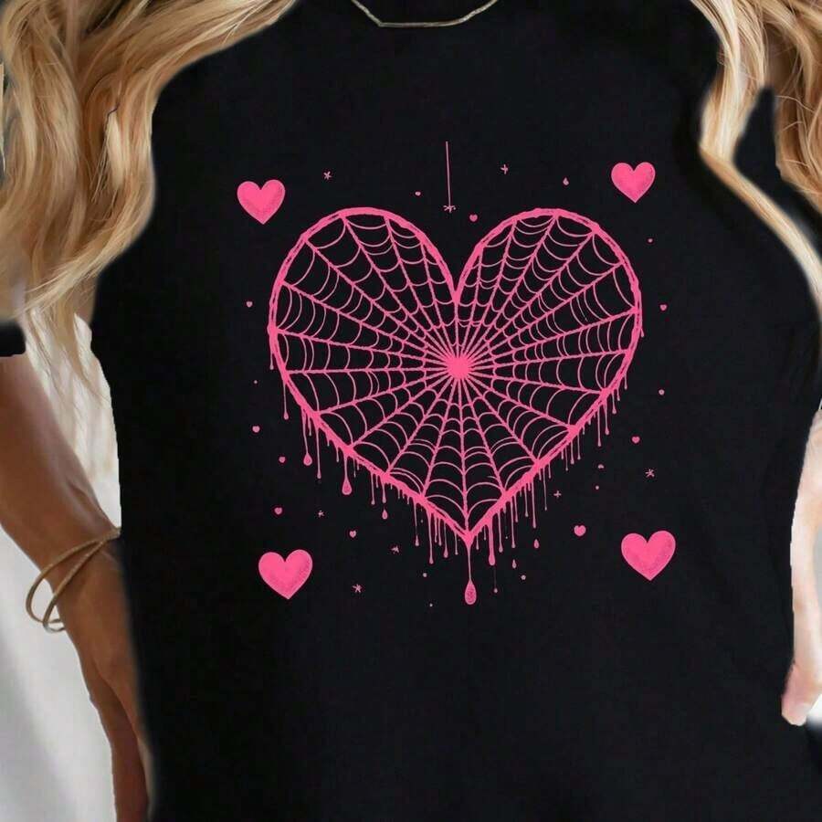 C1AmiS1eta de mujer cmoda con estampado de telaraa rosa C1AmiS1eta UniS1ex 100 aL1Godn de 220 g manga corta esencial. AptA1 Para todo tipo de perS1ona - Negro - Ver 1