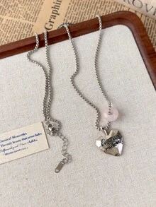 1pc Korean Style Personalized Stone Heart Letter Pendant Necklace, Unique High-End Sweater Chain, Versatile Daily Accessory For Women - Necklace - View 9