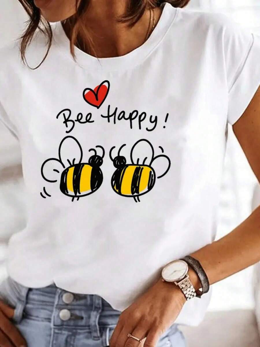Women's Pure Cotton T-Shirt With A Round Neck And Letter Print. Soft And Comfortable, Versatile For Everyday Casual Wear, And Stylish For Going Out. New Arrivals For Summer. - 白色 - 查看 1